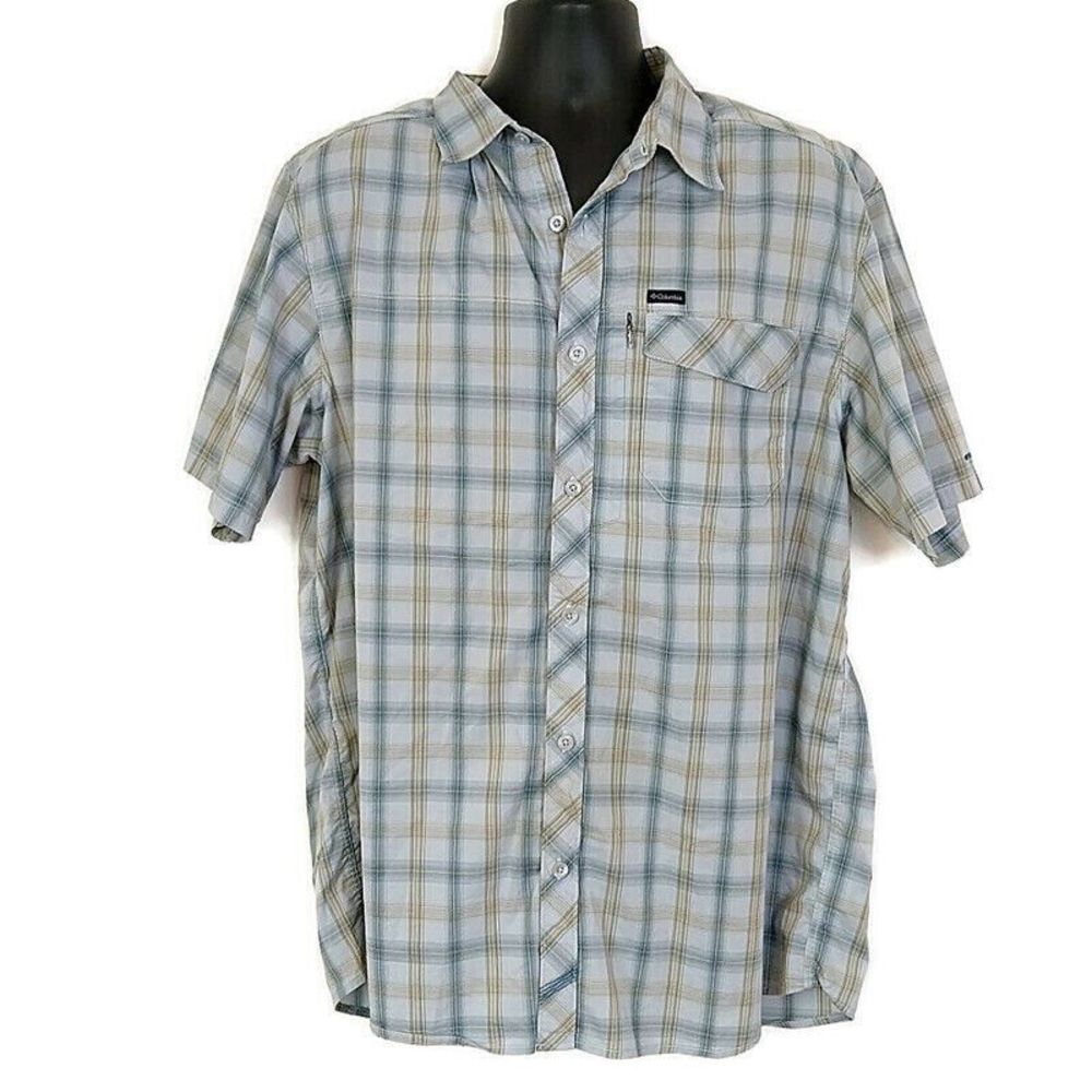 Columbia Mens sz XL‎ Shirt Blue Plaid Button Up Short Sleeve Collared Zip Pocket